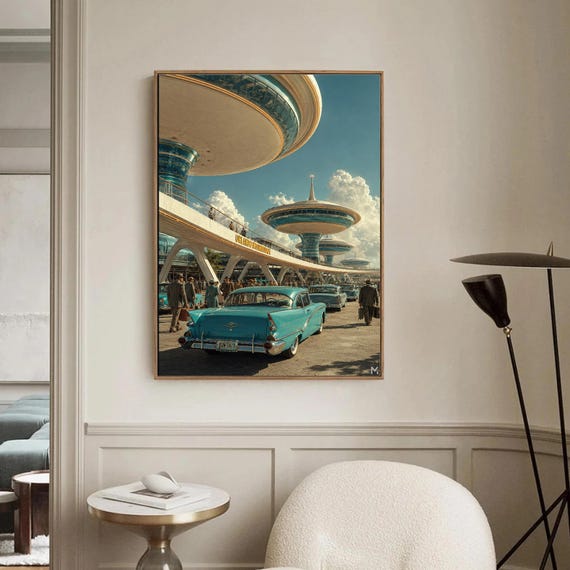 Retro Optimistic Futurist Airport Print, Atomic Age Spaceport Wall