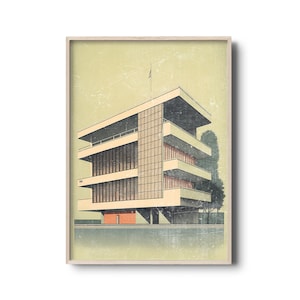 Retro architecture illustration | architecture print | mid-century architecture wall art | Bauhaus design | minimal architecture decor