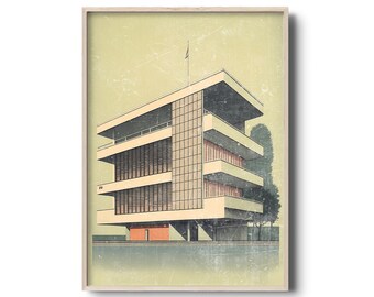 レトロ建築のイラスト | 建築のプリント | ミッドセンチュリー建築のウォールアート | バウハウスデザイン | ミニマルな建築の装飾
