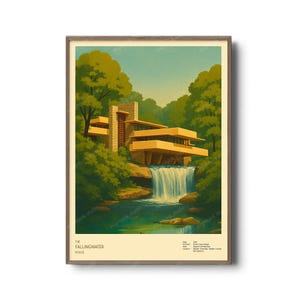 Fallingwater Druck | Frank lllloyd Wright Plakat | Mid Century moderne Wandkunst | Architektur Haus Druck | Vintage Design-Illustration