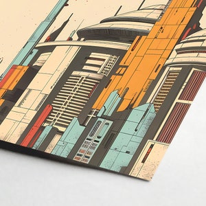 May include: A digital illustration of a futuristic city with tall buildings made of geometric shapes in shades of orange, blue, and grey.