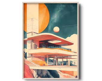Retro Futuristic Architecture Print – Geometric Mid-Century Modern Design, Bold Colors, Abstract Surreal Building Art, Perfect Wall Decor