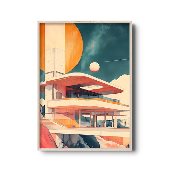 Retro Futuristic Architecture Print – Geometric Mid-century Modern