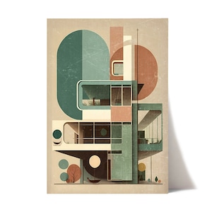 Stampa Bauhaus di metà secolo / Arte murale di architettura moderna / Decorazione modernista / Poster di architettura retrò / Regalo per architetti / Stampa di architettura