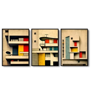 Impressões artísticas de Le Corbusier | Conjunto de 3 Estampas | Arte de parede de Le Corbusier | Conjunto de estampas tríptico | Arte moderna | Decoração de arquitetura moderna abstrata