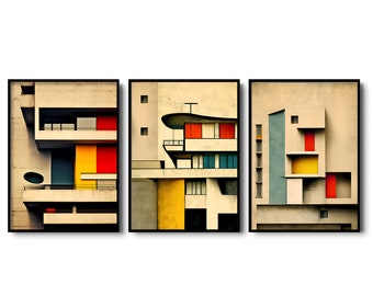 Le Corbusier art prints | Set of 3 Prints | Le Corbusier wall art | Triptych prints set | Art moderne | Abstract Modern architecture decor