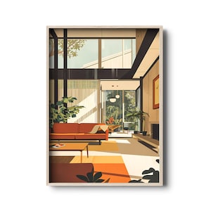 Vintage Interior Art Print | Mid century modern architecture wall art | Mid-century architectural illustration | Modernist living room