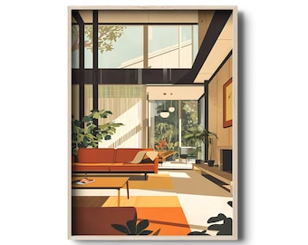 Vintage Interior Art Print | Mid century modern architecture wall art | Mid-century architectural illustration | Modernist living room
