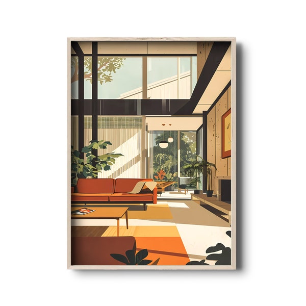 Vintage Interior Art Print | Mid century modern architecture wall art | Mid-century architectural illustration | Modernist living room