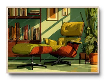 Eames Lounge Chair-tryck, modern väggkonst för mitten av århundradet, retro läsrumsinredning