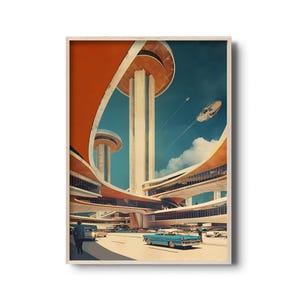 Stampa artistica di fantascienza di metà secolo / Arte murale futurista retrò / Concept art di spazioporto / Illustrazione futuristica vintage / Arte spaziale retrò anni '50