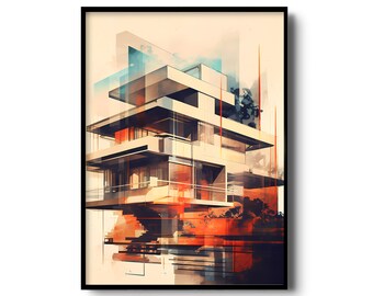 Ilustración de arquitectura moderna / Arte de diseño gráfico / Arte de pared de mediados de siglo / Impresión de arquitectura modernista / Arte de pared vintage / Impresión retro