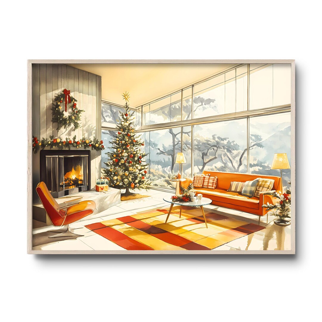 Mid-century Modern Christmas Art Print - Cozy Living Room With ...