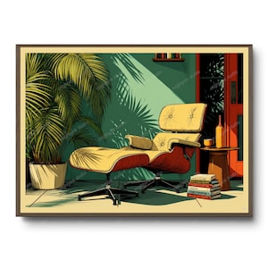 Puede incluir: Una impresión enmarcada de una escena interior moderna de mediados de siglo. La obra de arte presenta un sillón amarillo y rojo con una otomana a juego, una pequeña mesa auxiliar y una palmera en maceta. El fondo es una pared turquesa con sombras.