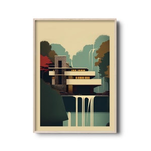 Fallingwater digital print | Architecture poster | Fallingwater House Frank Lloyd Wright | Modern architecture print | mid-century poster
