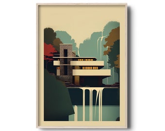 Fallingwater digital print | Architecture poster | Fallingwater House Frank Lloyd Wright | Modern architecture print | mid-century poster