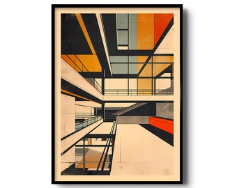 May include: Abstract geometric illustration of a building interior with a focus on the structure's lines and angles. The image features a multi-level space with a mix of yellow, orange, red, black, and gray colors.