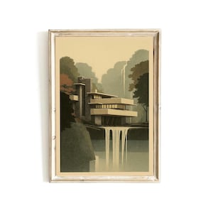 Fallingwater print V2 | Architecture poster | Frank Lloyd Wright house art | Modernist wall decor | Mid century modern architecture print