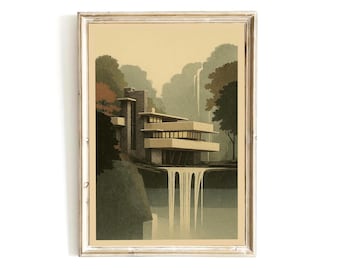 Fallingwater-tryck V2 | Arkitekturaffisch | Frank Lloyd Wright-huskonst | Modernistisk väggdekoration | Modern arkitekturtryck med mitten av århundradet