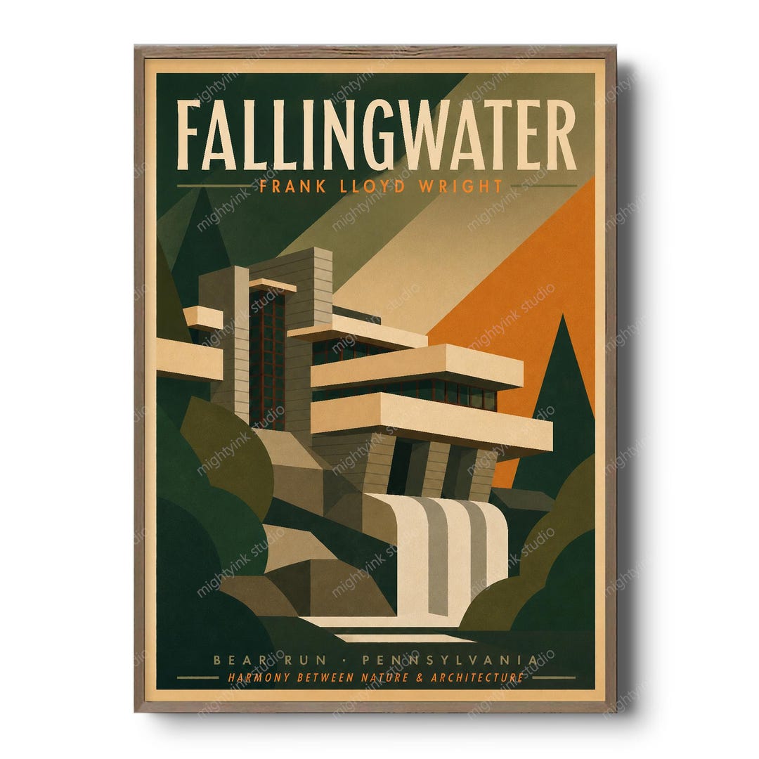 Minimalist Fallingwater House Print, Frank Lloyd Wright Architecture ...