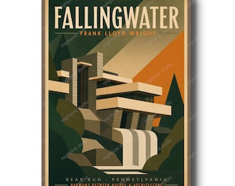 Minimalistiskt tryck av Fallingwater-huset, Frank Lloyd Wrights arkitekturkonst, modernistiskt hus, retro väggdekor