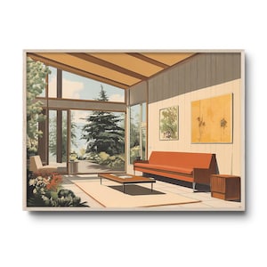 Mid-Century Modern Living Room Art Print – Vintage Inspired Interior Illustration, Retro Home Decor, 1960s Architecture Poster Wall Art