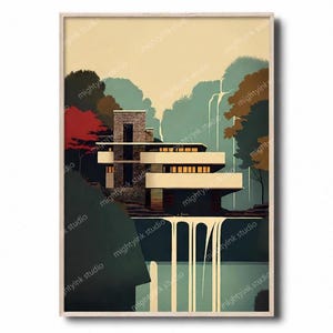 Peut inclure: Une impression d'art encadrée représentant une illustration architecturale d'un bâtiment moderne au-dessus d'une cascade. L'œuvre d'art présente une palette de couleurs beige et marron avec des accents de rouge et de vert, sur un fond clair. L'impression est étiquetée "mightyink studio".