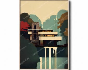 May include: A framed art print featuring an architectural illustration of a modern building over a waterfall. The artwork showcases a beige and brown color palette with accents of red and green, set against a light background. The print is labeled "mightyink studio".