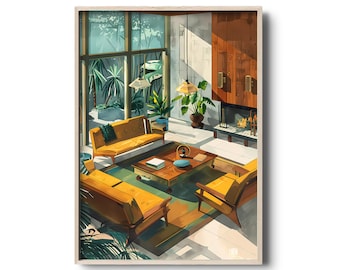 Impresión de arte moderno de mediados de siglo / Arte de pared interior vintage / Arquitectura moderna / Decoración de sala de estar retro / Ilustración vintage / Modernismo