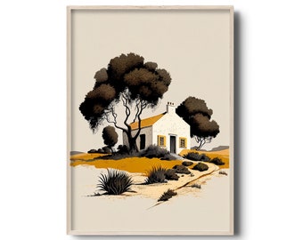 Portugese plattelandsillustratie | Muurkunst Alentejo Portugal | Droog hooi | kurkbomen | Alentejo-landschap | Alentejo-print | rustieke print
