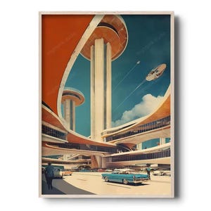 Può includere: Una stampa artistica retrò-futuristica con un design architettonico moderno della metà del secolo con alte torri, strutture curve e un cielo blu. Un'auto d'epoca è parcheggiata in strada. L'opera d'arte ha un'estetica vintage con toni arancioni, beige e blu.