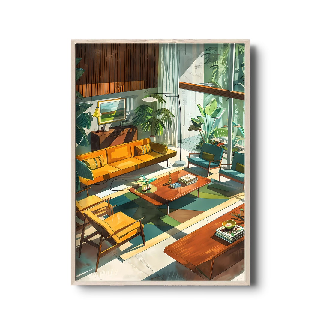 Mid Century Modern Interior Art Print | Modernist Living Room Decor ... - Mid Century Modern Apartment Textured Artwork
