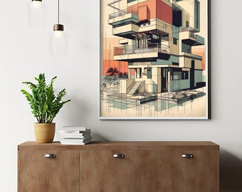 Architecture Sketch Wall Art | Modern Architecture Print | Mid