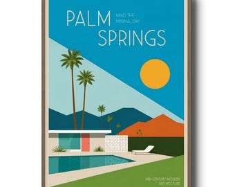 Minimalistisk Palm Springs-poster, 50-talsmodern pooltryck, väggkonst med ökenarkitektur