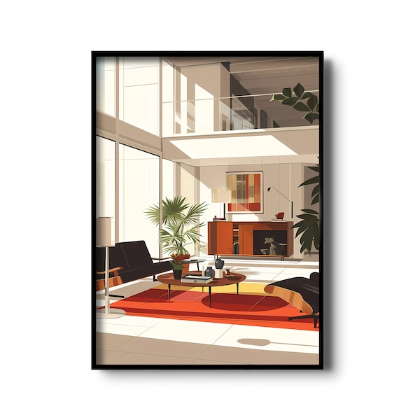 Intérieur moderne du milieu du siècle Art Print | Modernisme | impression architecturale vintage | Salon moderne | Art mural moderniste | Design d'intérieur