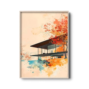 Minimalist Mid-Century Modern House | Vibrant Watercolor Splashes | Minimalistic Wall Art | Architecture Art | Mid Century Decor | Modernism