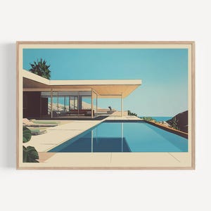 Puede incluir: Una casa moderna y minimalista con una piscina y vistas al océano. La casa tiene un gran plano abierto con ventanas de suelo a techo. La piscina está rodeada de una terraza de hormigón y hay tumbonas en la terraza.