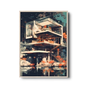 Abstract wall art | Modern architecture | Architecture drawing | Mid century modern architecture | printable wall art | dark color print