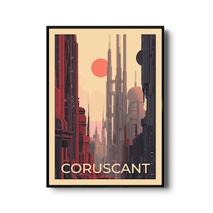 Arte de la pared de Coruscant / Impresión de la ciudad de Coruscant / Vintage Star Wars Fan Art / Cartel de viaje de Coruscant / Arte minimalista retro de Star Wars