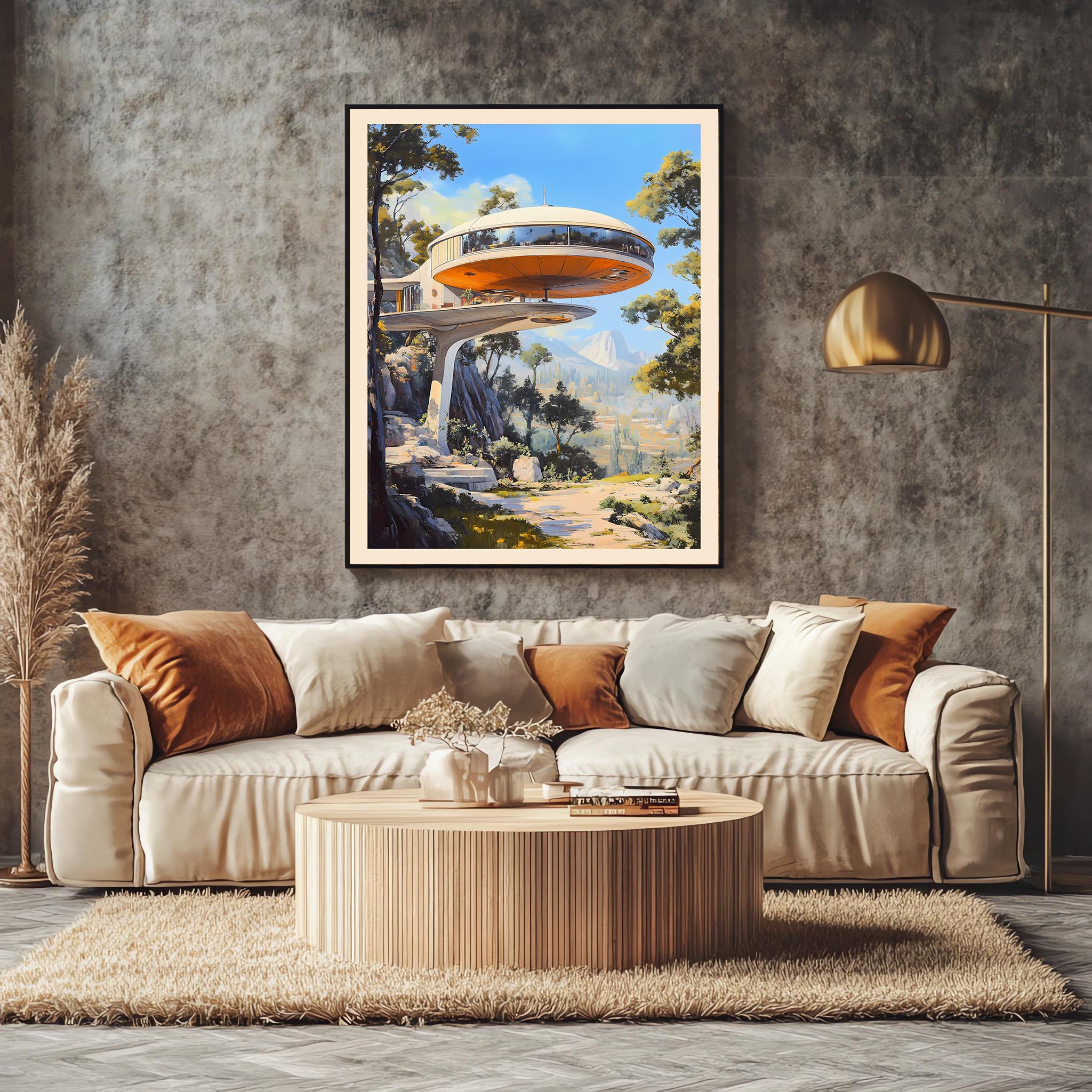 Retro Futuristic Mountain House Art Print - Mid-century Modern