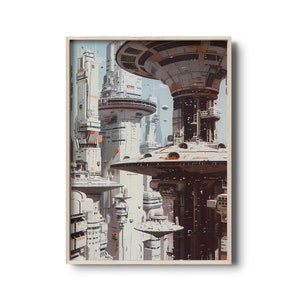 Può includere: Un dipinto digitale di una città futuristica con alti edifici bianchi e veicoli volanti. Gli edifici hanno un design modulare a strati e sono collegati da passerelle e ponti. La città è ambientata su uno sfondo di cielo azzurro chiaro.