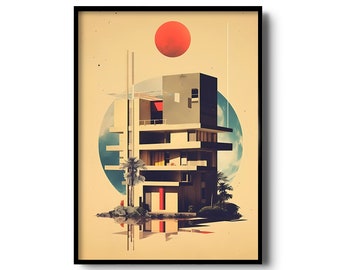 Arte de pared de arquitectura vintage / Impresión de arquitectura retro / Moderno de mediados de siglo / Arquitectura de mediados de siglo / Decoración modernista / Diseño vintage