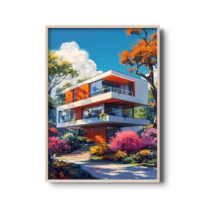 Modern Architecture Art Print | Mid-Century Inspired Home with Geometric Design & Vibrant Garden | Minimalist Bauhaus Inspired Home Print