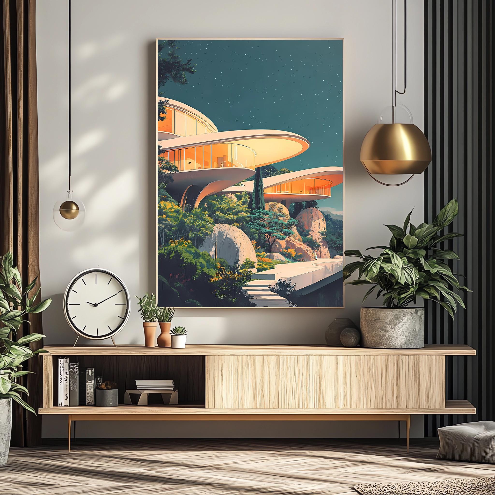 Retro Futuristic Space Age Architecture Artwork, Mid-century