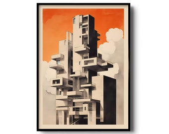 Arte mural abstracto / Impresión de arquitectura brutalista / Diseño minimalista vintage / Ilustración minimalista / Luz y sombra / Arte brutalista retro