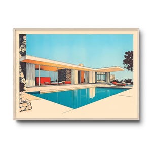 Mid-Century Modern House Print | Case Study House Art | Retro Architectural Illustration | Minimalist Poolside Home | Vintage Wall Decor