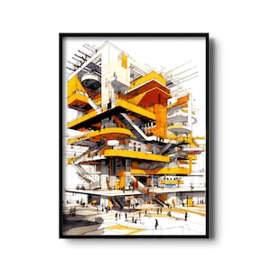 High-tech architecture print | Architect Richard Rogers illustration | Architecture poster | Architecture sketch | Orange wall art