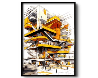 May include: A black and white illustration of a complex, multi-level building with yellow accents. The building is filled with people and has a variety of staircases and walkways.