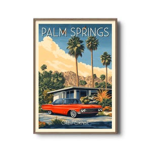 Palm Springs Reiseplakat | Retro-Style kalifornisches Auto Poster | Mid Century Modern House Kunst | Wüstenlandschaft
