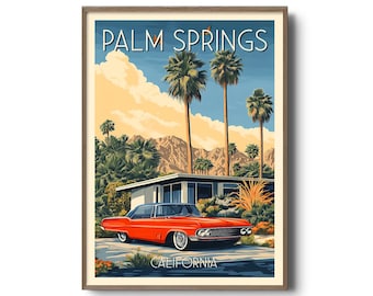 Palm Springs travel poster | Retro-Style California car print | Mid century modern house art | Vintage desert landscape wall decor